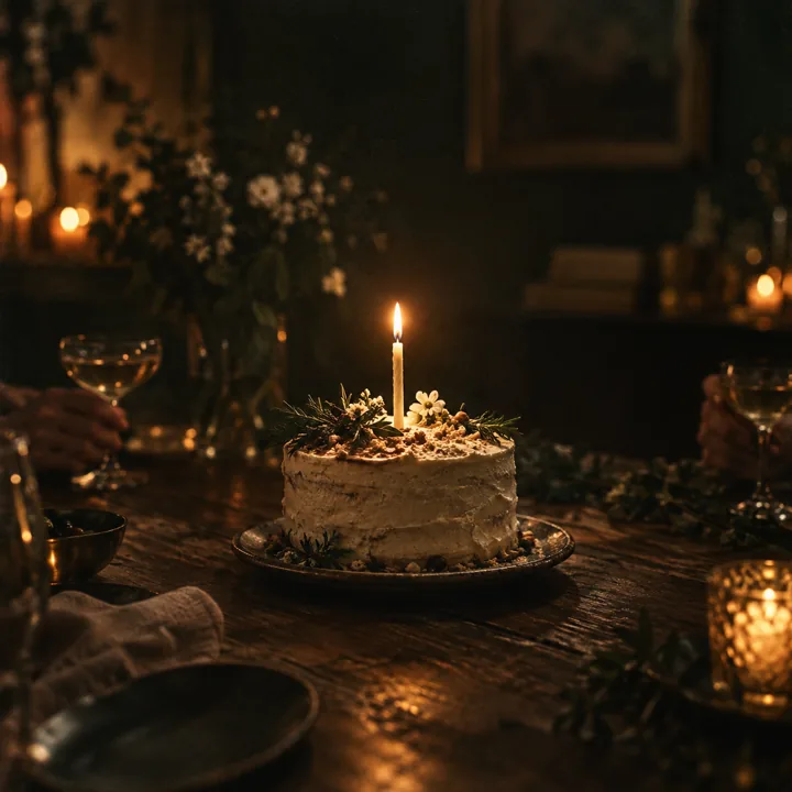 Birthday cake glowing with candles